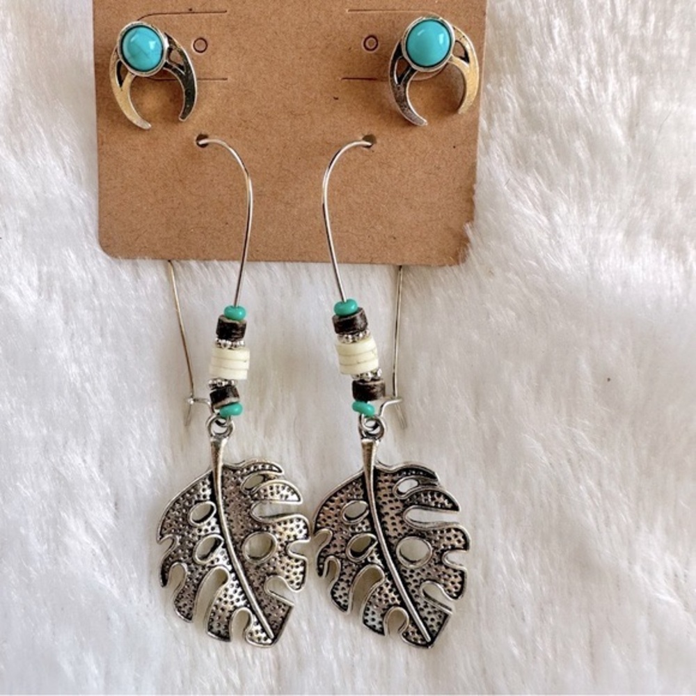 BOGO Monstera Leaf Beaded Dangle & Crescent Turquoise Stud Earring Set Silver